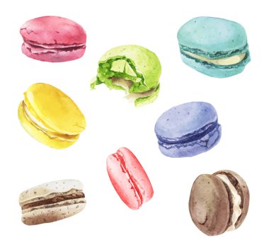 El boyalı illüstrasyon izole beyaz zemin üzerine suluboya macaroons mix