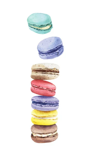 Stack Colorful Watercolor Macaroon Cakes Isolated White Background Hand Painted — Stock Photo, Image