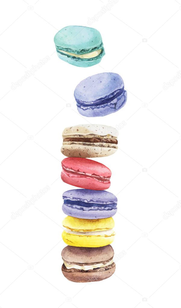 Stack of colorful watercolor macaroon cakes isolated on white background. Hand painted illustration
