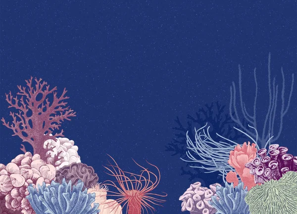 Vektorhintergrund Mit Handgezeichneten Bunten Korallenriffen Auf Dunkelblauem Hintergrund Vektor Illustration — Stockvektor
