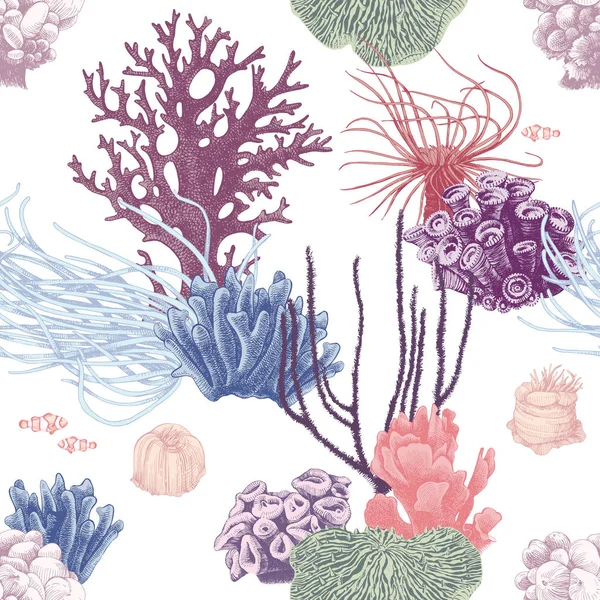 Бесшовный рисунок с нарисованным вручную коралловым рифом — стоковый вектор