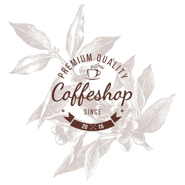 Coffeshop emblema redondo sobre rama de planta de café dibujado a mano — Vector de stock