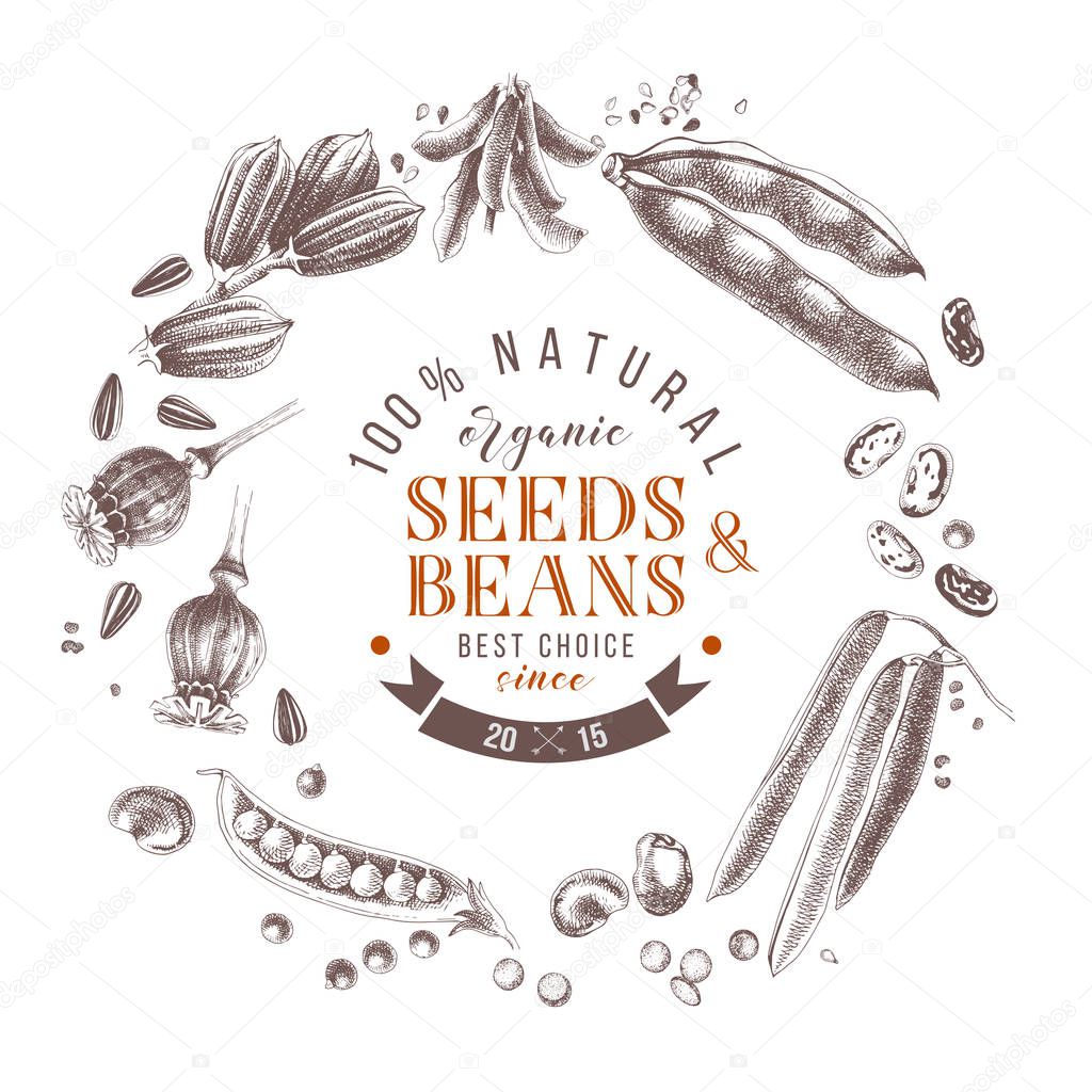 Seeds and beans wreath composition with hand drawn plants and type design