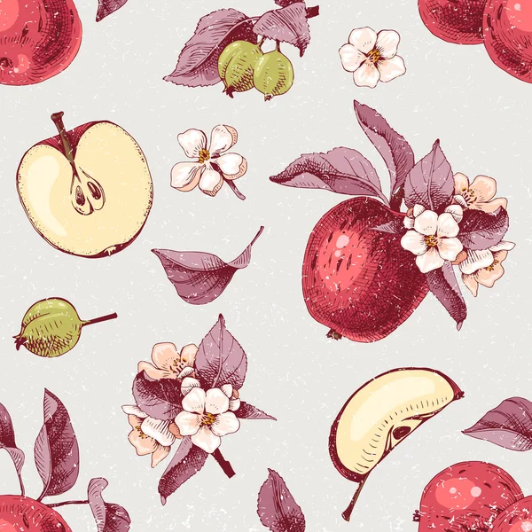 Seamless pattern with hand drawn apple fruits and flowers — Stock Vector
