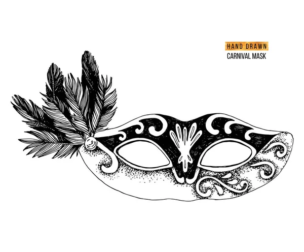 Masque de carnaval vénitien dessiné à la main avec plumes — Image vectorielle