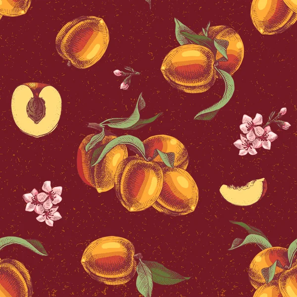 Бесшовный узор с персиковыми ветвями, цветами и ломтиками — стоковый вектор