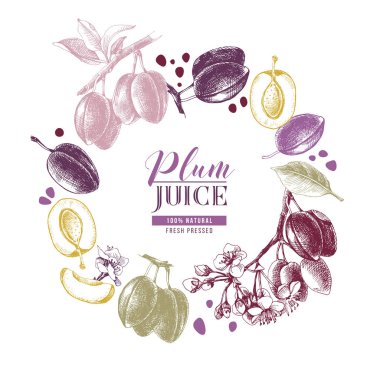 Daire kompozisyon ile el çekilmiş Erik ve çiçekler