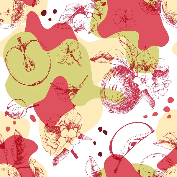 Nahtloses Muster mit handgezeichneten Apfelfrüchten und Blumen — Stockvektor
