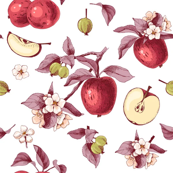 Seamless pattern with apple fruits, flowers and branches — Stock Vector