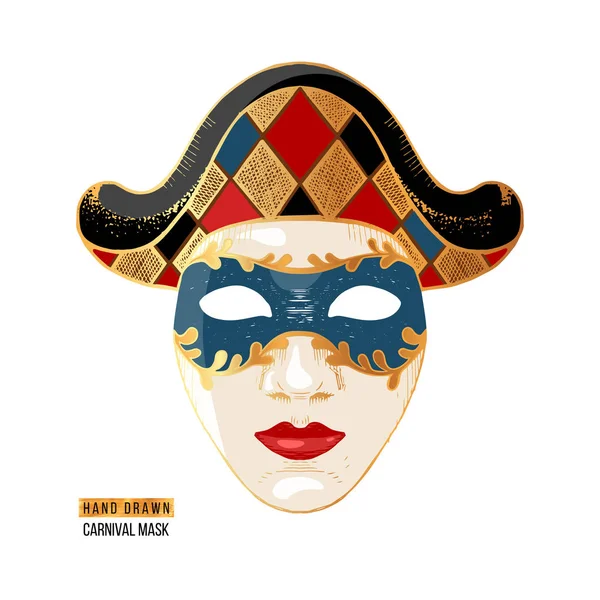 Hand getekende Venetiaanse carnaval Harlequin masker — Stockvector