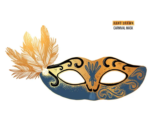 Handgezeichnete venezianische Karnevalsmaske mit Federn — Stockvektor
