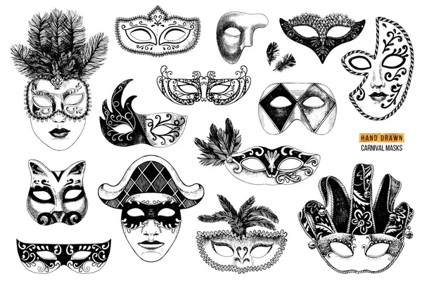 Hand dras venetiansk karneval masker samling — Stock vektor