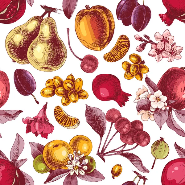 Nahtloses Muster mit handgezeichneten bunten Früchten — Stockvektor