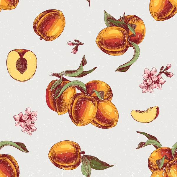 Seamless pattern with hand drawn peach branches, flowers and slices — Stock Vector