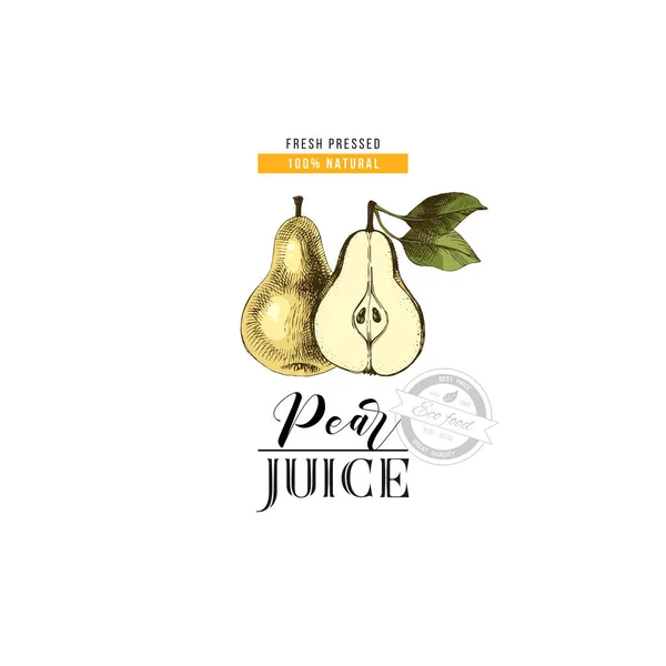 Päron juice design med typ och hand dras päron — Stock vektor