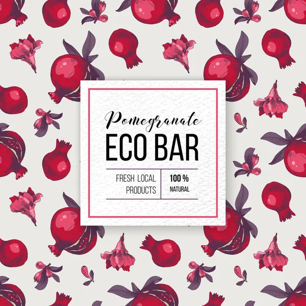 Eco bar papper emblem med typ design över granatäpple bakgrund — Stock vektor