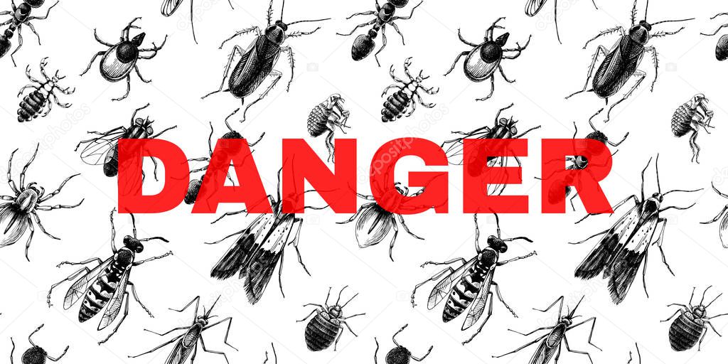 Danger sign over seamless pattern with insects