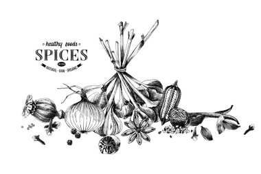 Elle çizilmiş baharat sınır. Poster, afiş, afiş veya menü tasarımı için kullanılabilir