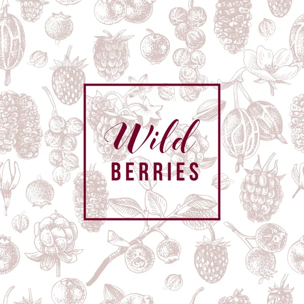 Wild berries emblem over seamless pattern with hand drawn berries — Stock Vector