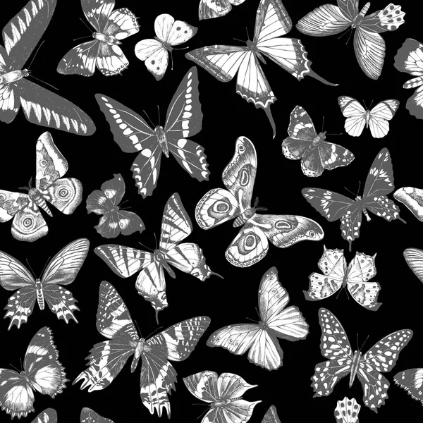 Patrón monocromo sin costura con mariposas dibujadas a mano — Vector de stock