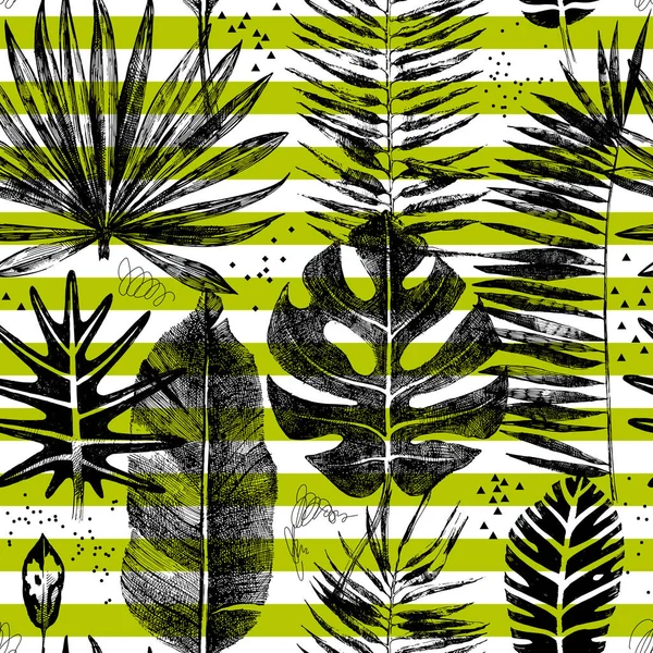 Elle çizilmiş tropikal yaprakları ile çizgili dikişsiz desen — Stok Vektör