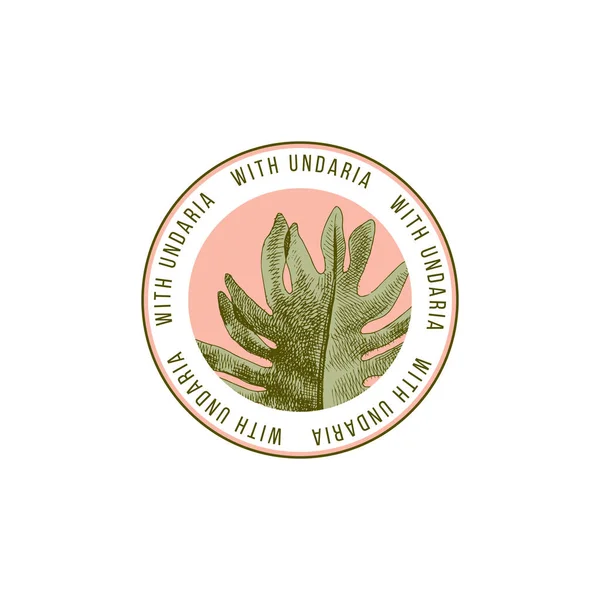Emblema redondo con Wakame dibujado a mano o Undaria Pinnatifida alga — Vector de stock