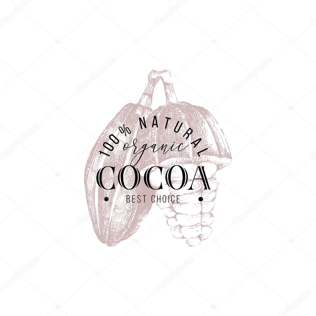 100 percent natural organic cocoa emblem over hand drawn cocoa beans. Vector illustration