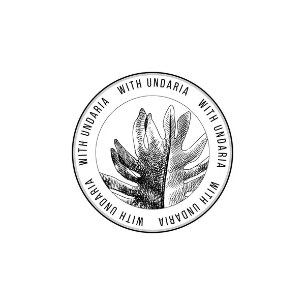 Emblema redondo con Wakame dibujado a mano o Undaria Pinnatifida alga — Vector de stock