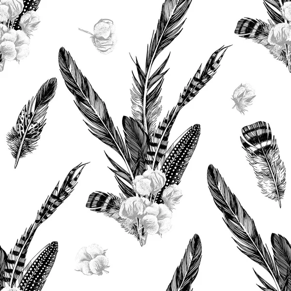手描きの羽と綿のシームレスなパターン — ストックベクタ
