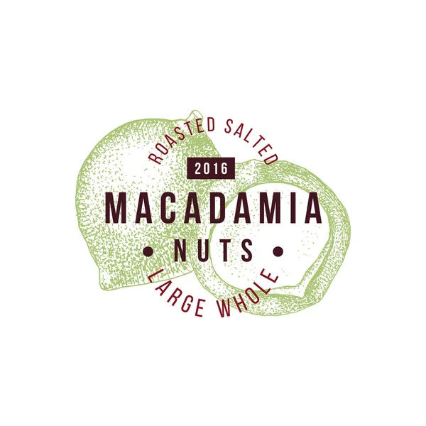 Emblém s designem typu a ručně kreslené ořechy makadamia. — Stockový vektor