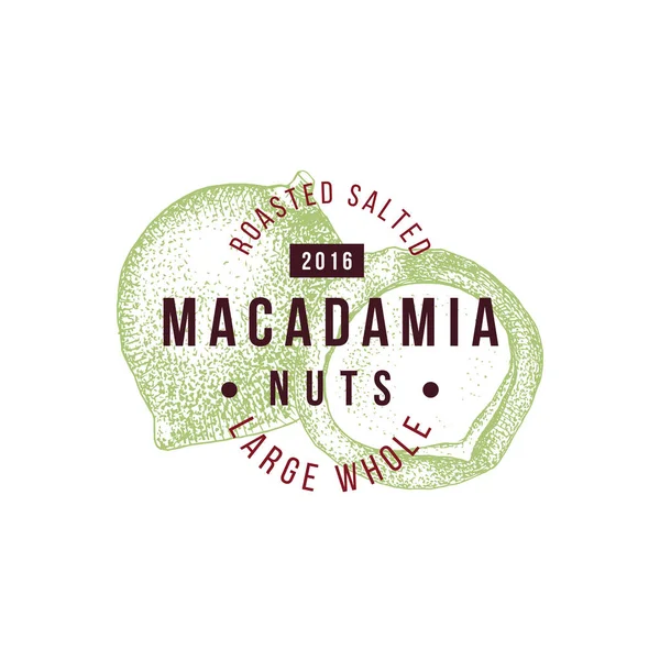 Emblema con disegno del tipo e noci di macadamia disegnate a mano . — Vettoriale Stock