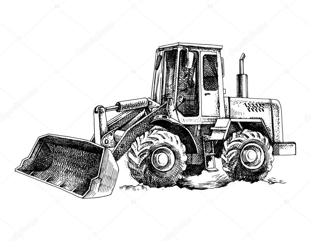 Hand drawn bulldozer at work. Vector illustration