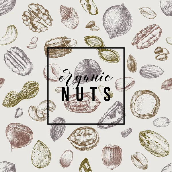 Эмблема органических орехов на бесшовном рисунке с нарисованными вручную орехами — стоковый вектор