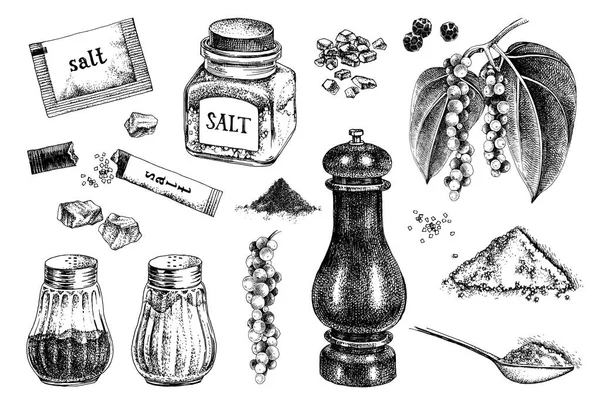 Iconos de sal y pimienta dibujados a mano — Vector de stock