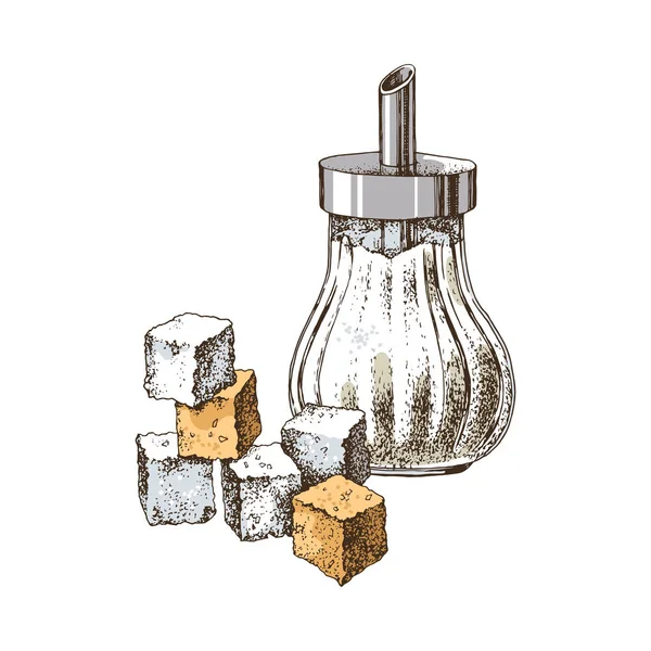 Tigela de açúcar desenhada à mão e cubos de açúcar — Vetor de Stock