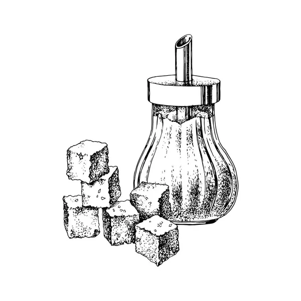 Tigela de açúcar desenhada à mão e cubos de açúcar — Vetor de Stock