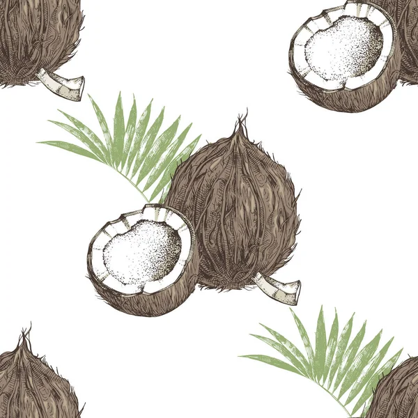 Naadloos patroon met hand getekende kokosnoot met de helft en bladeren — Stockvector
