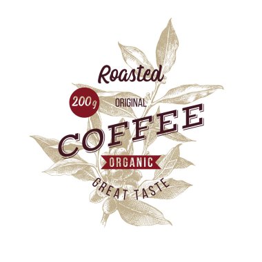 El çizilmiş kahve dalı üzerine amblem yazın. Paket tasarımı.