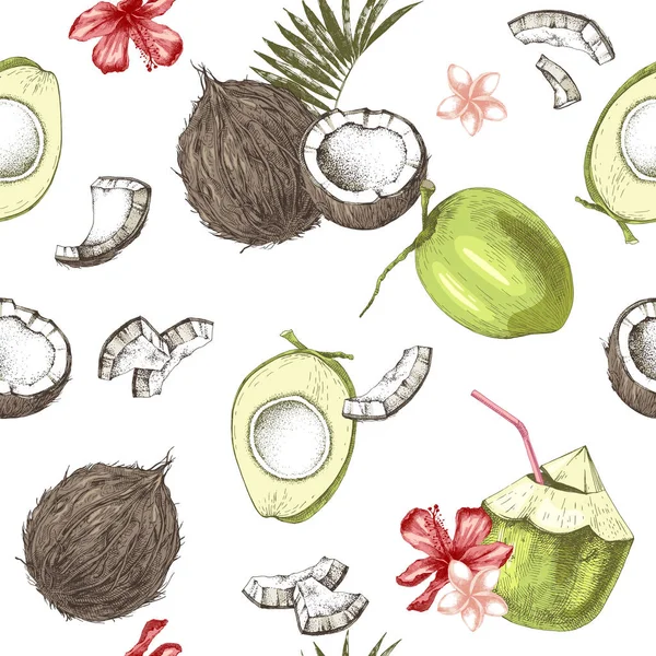 Patrón sin costuras con cocos dibujados a mano verdes y maduros y flores tropicales — Vector de stock