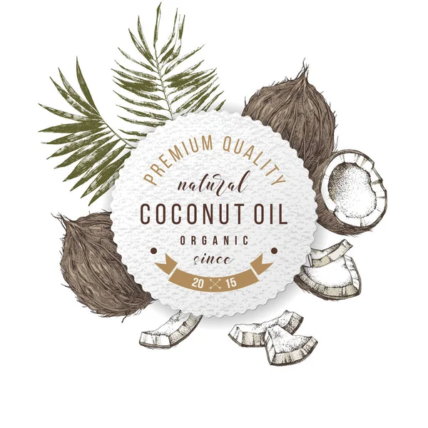 Etiqueta de aceite de coco con diseño de tipo sobre cocos y hojas dibujados a mano — Vector de stock