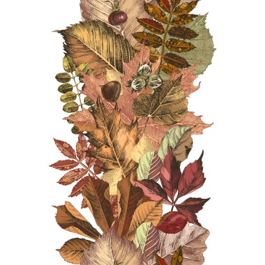 Sonbahar yapraklarından yapılmış el çizilmiş sonbahar dikişsiz sınır