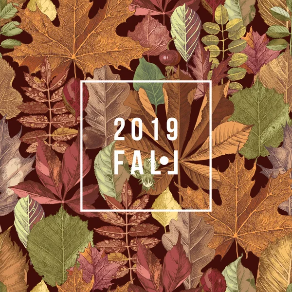 Hand drawn seamless pattern with autumn leaves and type label — Stock Vector