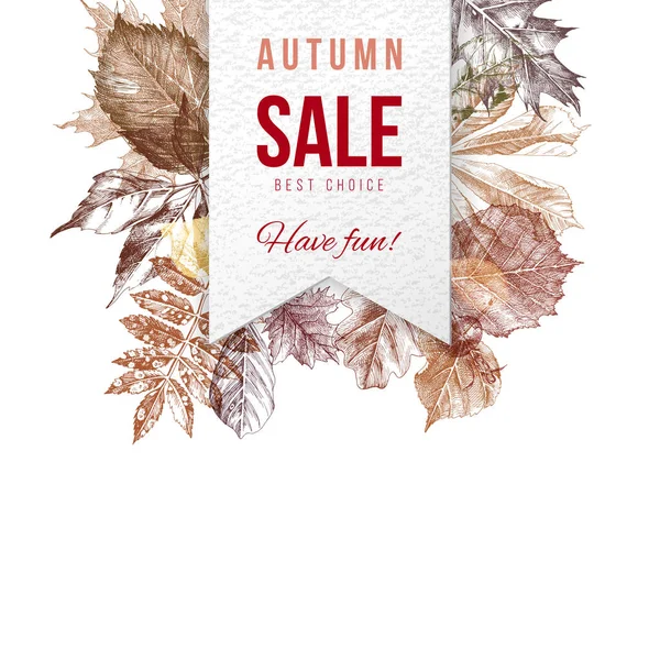 Étiquette de vente d'automne sur fond avec feuilles d'automne dessinées à la main — Image vectorielle