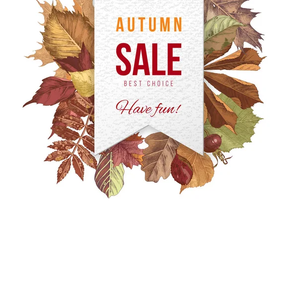 Autumn sale label over background with hand drawn autumn leaves — Stock Vector