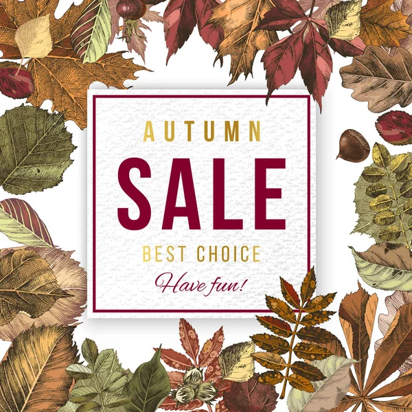 Herbstverkauf Emblem mit fallenden Blättern und Typendesign. — Stockvektor