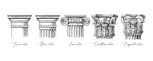 Architectonische bestellingen. 5 soorten klassieke hoofdsteden-Toscaanse, Dorische, Ionische, Korinthische en samengestelde — Stockvector