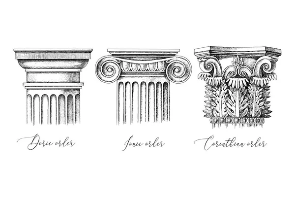 Órdenes arquitectónicas. 3 tipos de capitales clásicos: dorados, iónicos y corintios — Archivo Imágenes Vectoriales