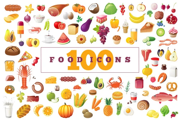 100 iconos de alimentos de colores altamente detallados . — Vector de stock