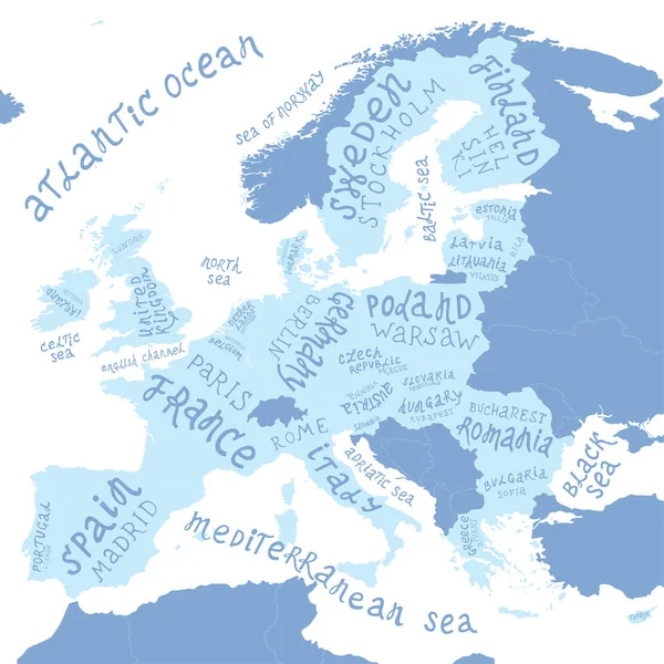 Mapa Evropy s kreslené nápisy — Stockový vektor