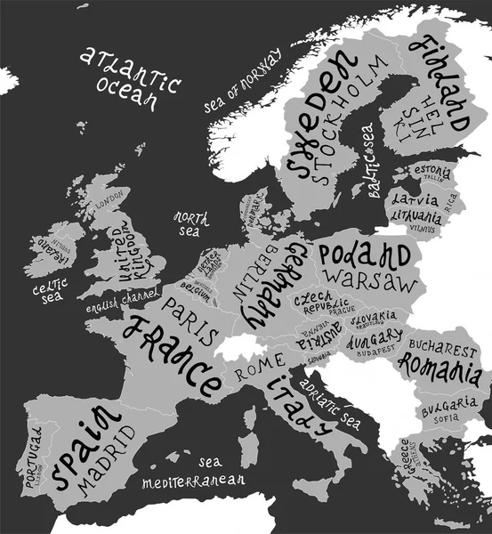 Map of Europe with hand drawn lettering — Stock Vector
